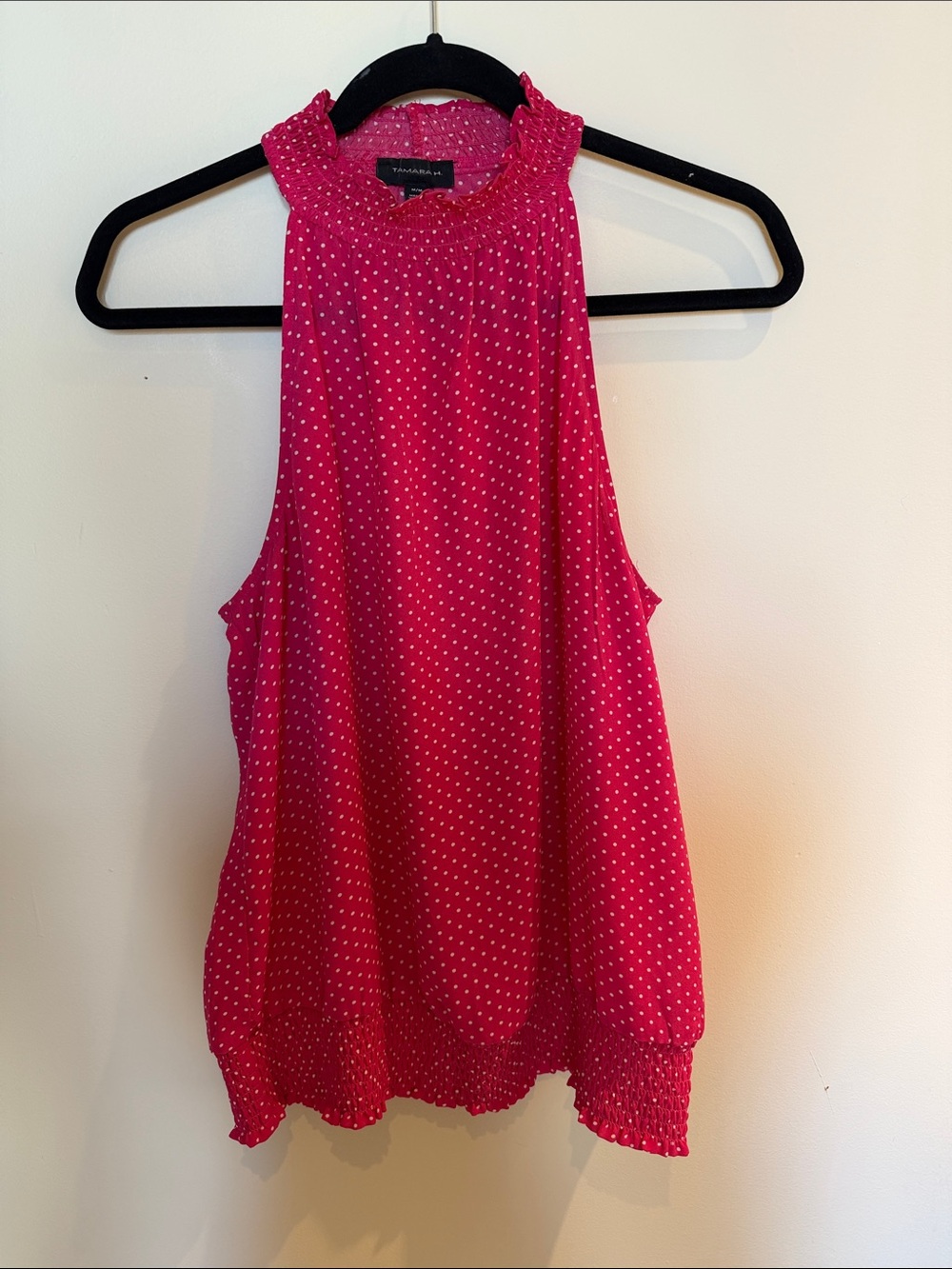 Hot Pink Polka Dot Smocked Halter Camisole Top.
